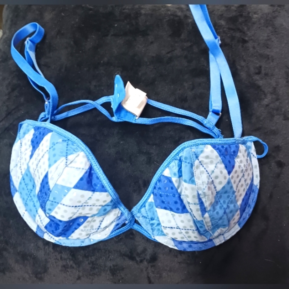 Blue sparkly argyle plaid bra Sz 34b